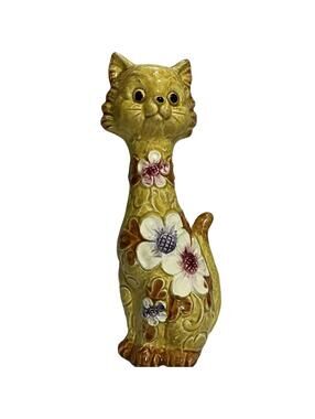 Vintage Tilso Porcelain Cat Figurine Floral Yellow Made In Japan 60s Decor